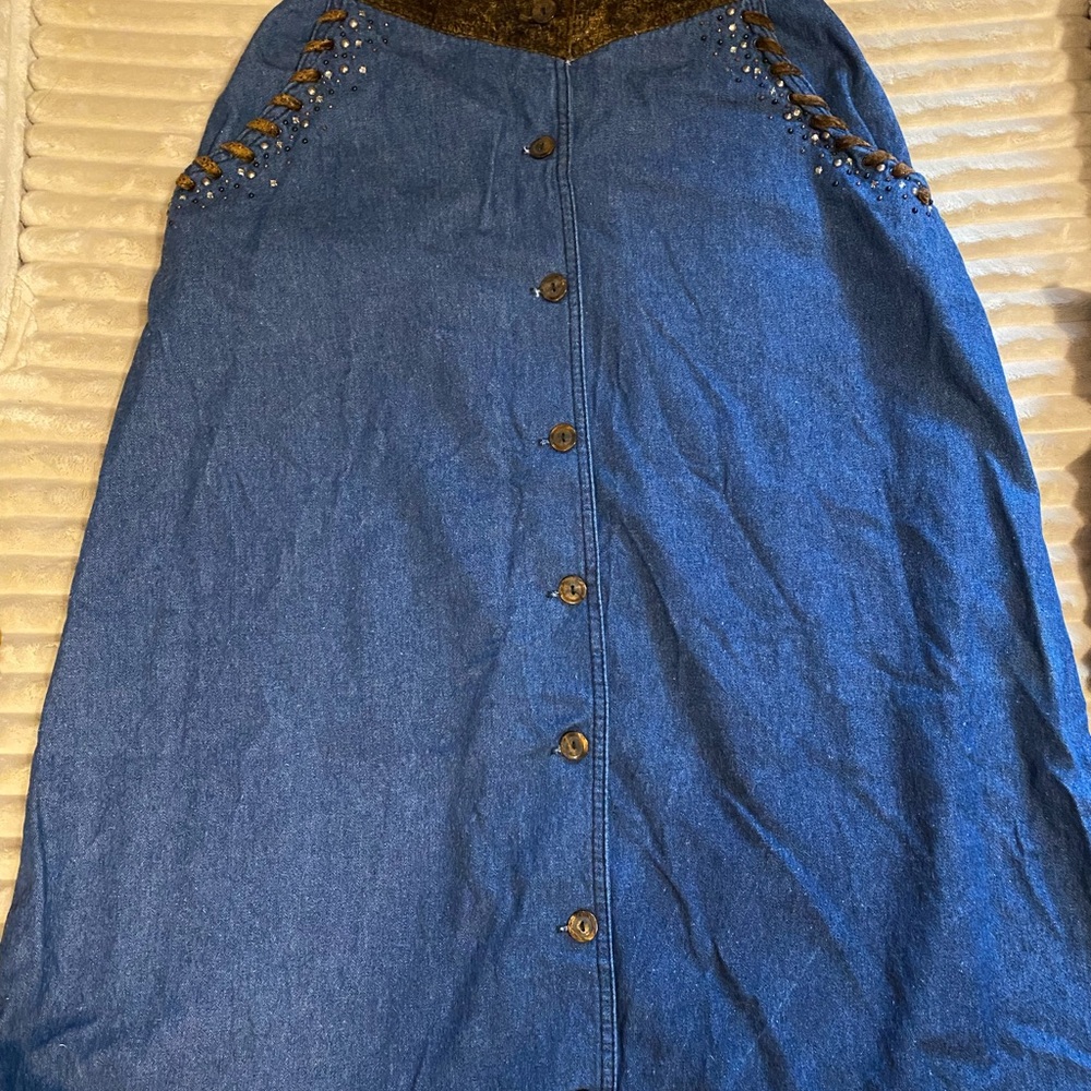 Vintage Monique Jeans Blue Denim Skirt with Button and Velvet Detail